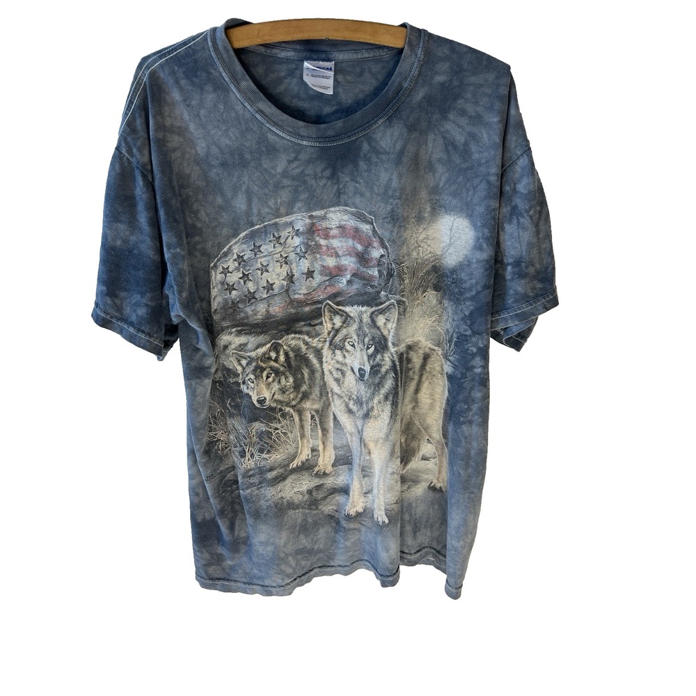 Vtg Wolf American Flag Graphic Men Shirt L Native Blue Cotton‎